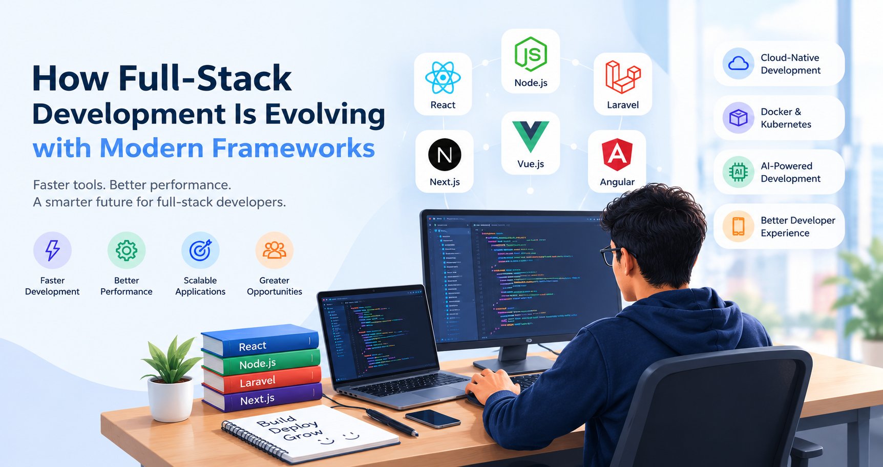 Modern full-stack development with React, Next.js, Angular, Vue.js, Django, Node.js, AI coding tools, and cloud deployment.